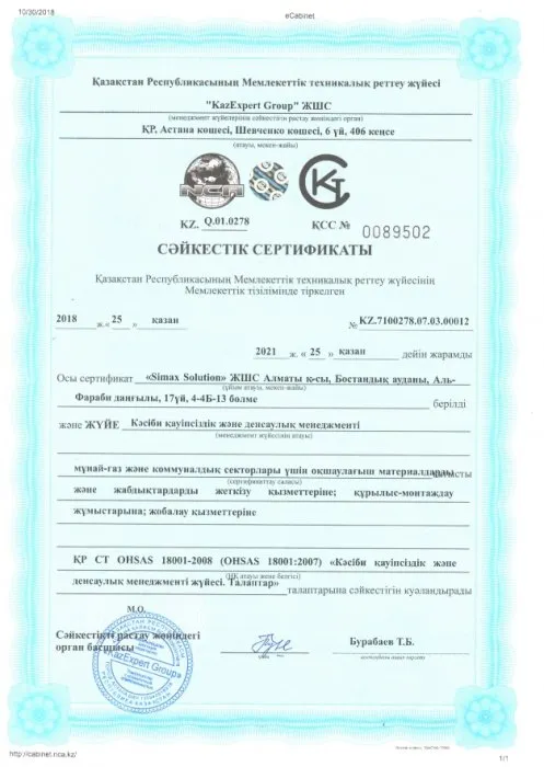 Сертификат менеджмента профессиональной безопасности и здоровья (на казахском языке)