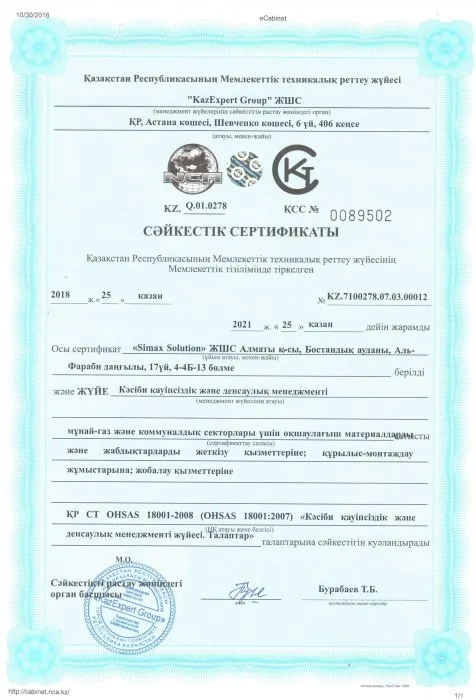 Сертификат системы экологического менеджмента (на казахском языке)